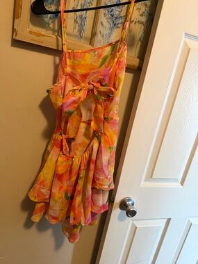 Bright Watercolor Tie-Back Mini Dress - Pink & Yellow